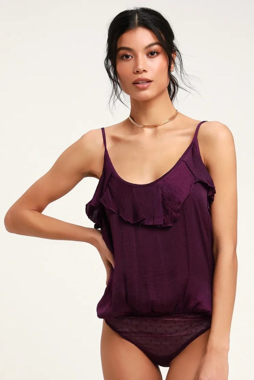 Free People Not Tired Bodysuit Top Satin Ruffled Tank Blouse Small Plum Purple